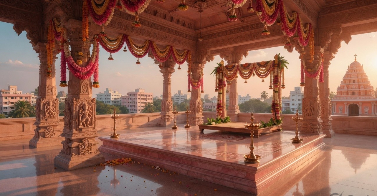 Tamil Nadu style kalyana mandapam at golden hour with Chennai skyline and temple gopuram beyond